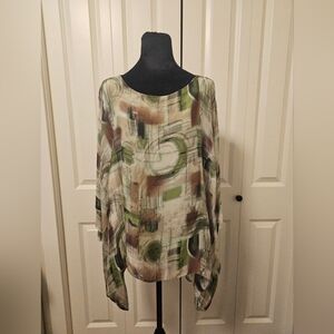 Made In Italy Green & Cream 100% Silk  Blouse SZ L